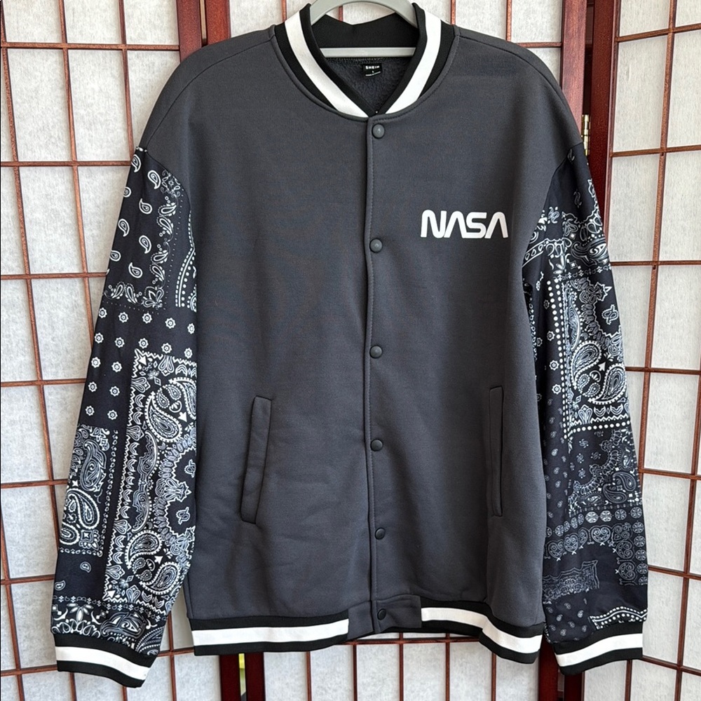 NWOT Gray Varsity Bomber Jacket with Paisley Sleeves, size L